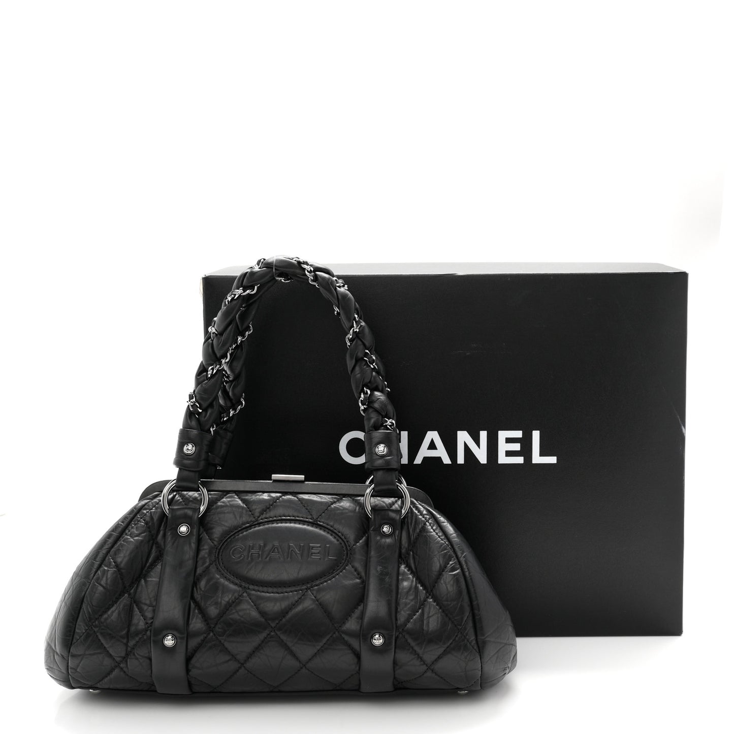 Distressed Lambskin Lady Braid Frame Bowler Black