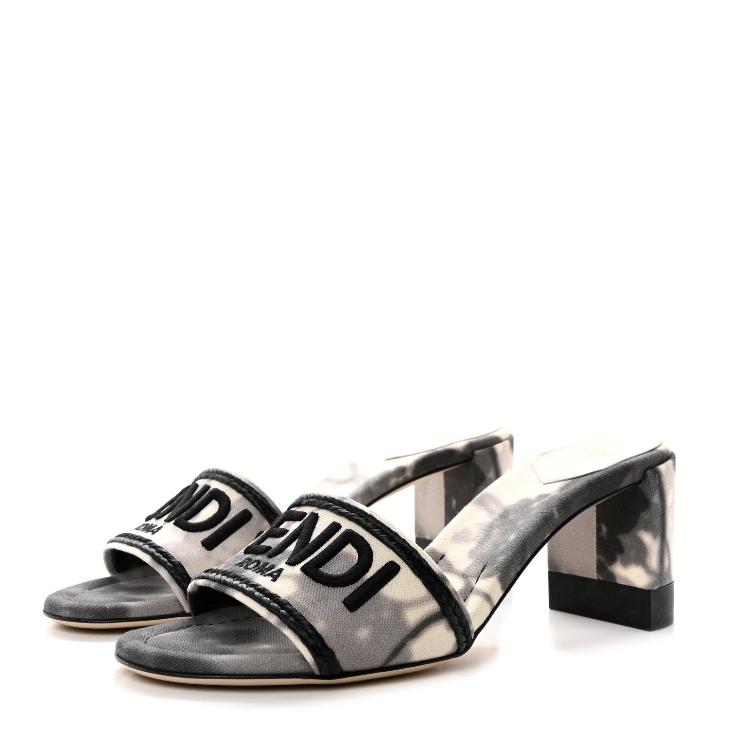 Fendi Canvas Floral Print Logo Mid-Heel Slide Sandals 40.5 Black White 3 of 7