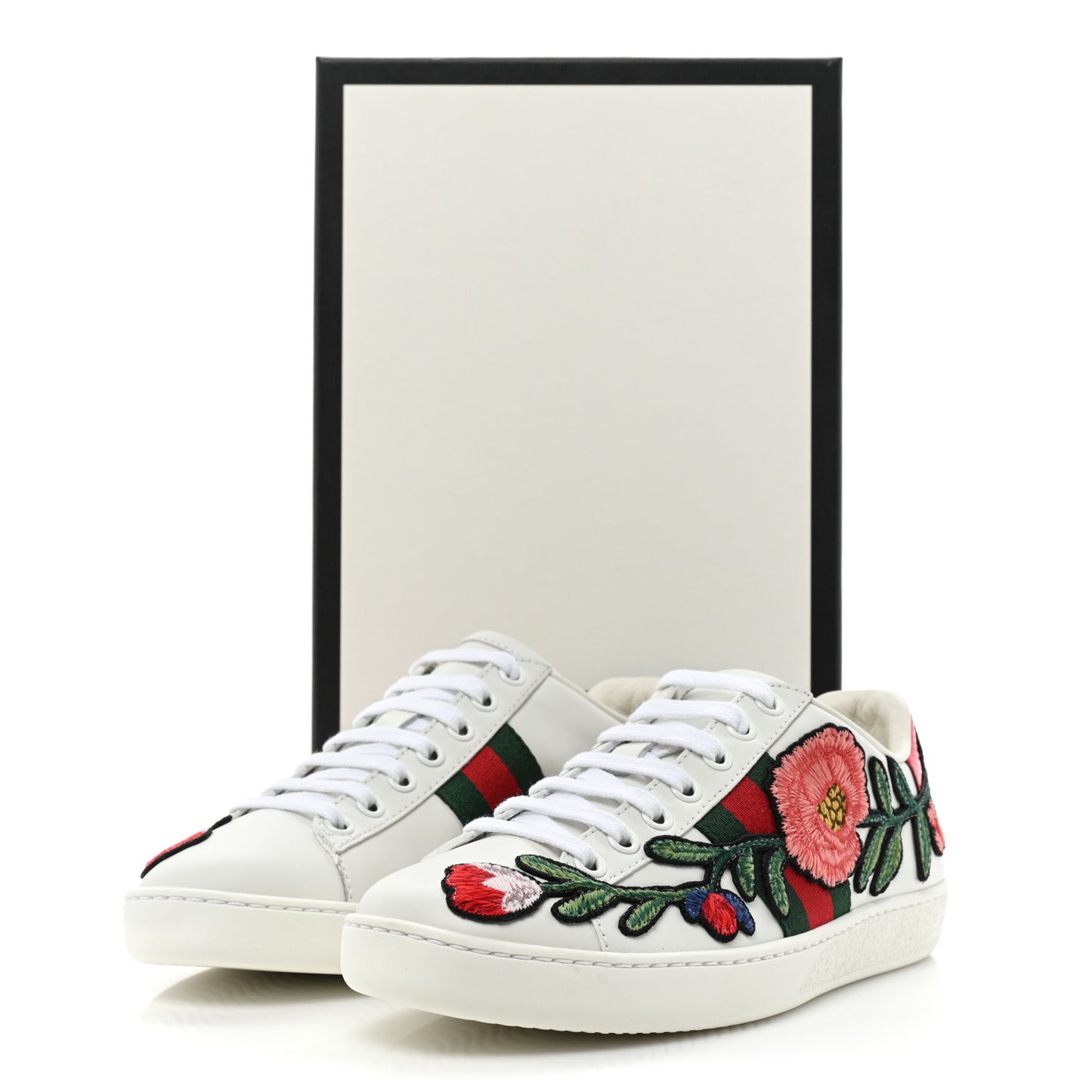 Calfskin Web Floral Embroidered Womens Ace Sneakers 35 White
