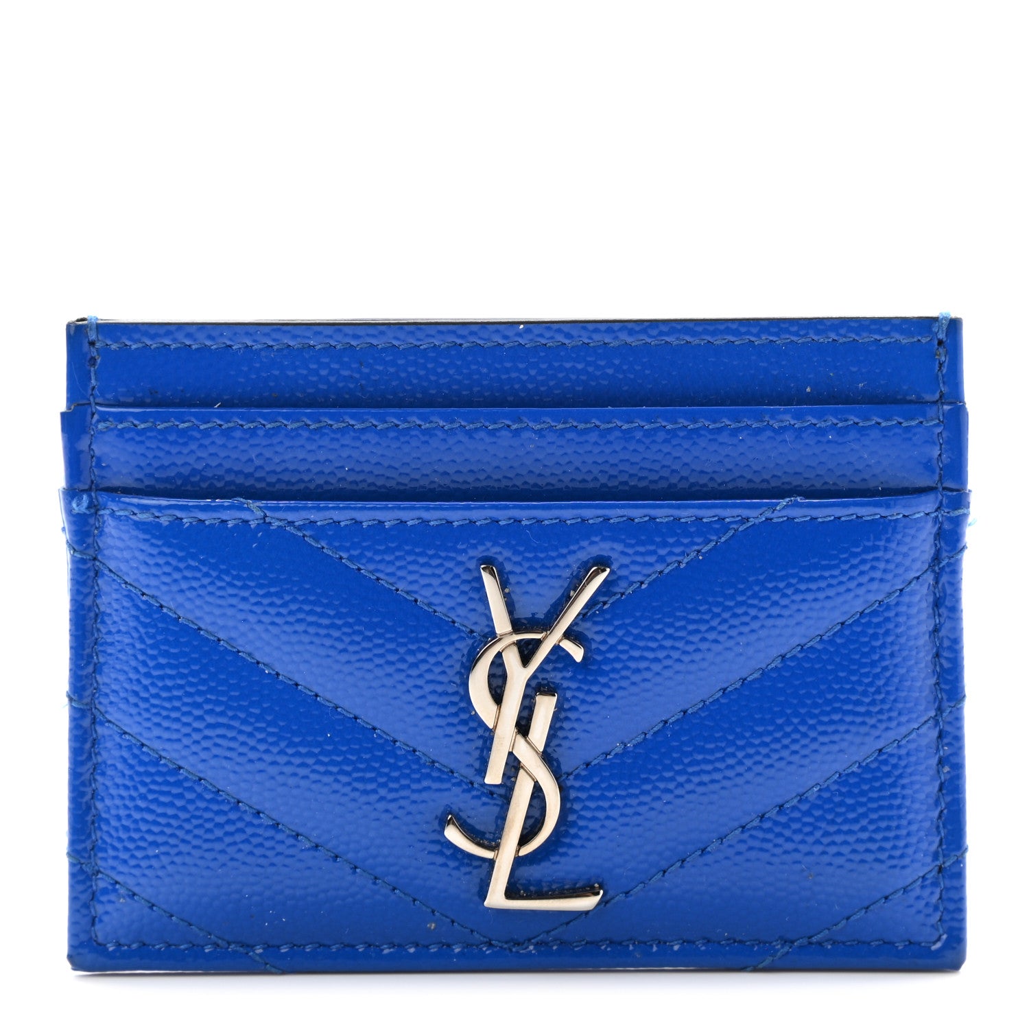 Saint Laurent Grain De Poudre Matelasse Chevron Credit Monogram Card Case Blue Majorelle 1 of 9