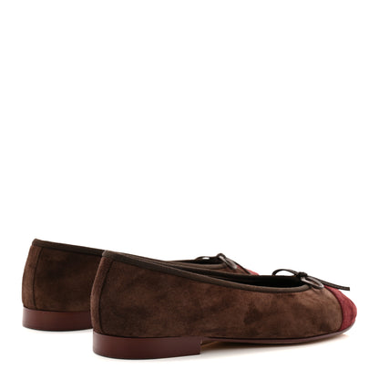 Chanel Suede Calfskin Cap Toe CC Ballerina Flats 37.5 Dark Brown Burgundy 5 of 10