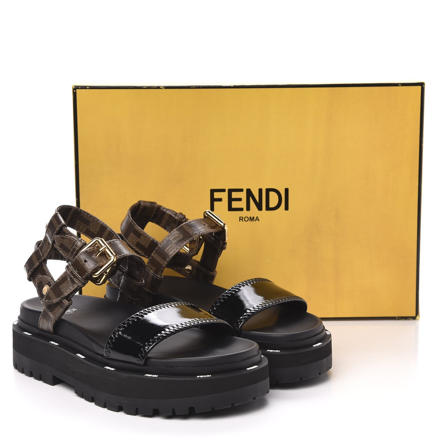 Fendi Vernice High-Tech Glazed Fabric FF Lug Sole Platform Sandals 37 Black Tobacco Moro 8 of 8