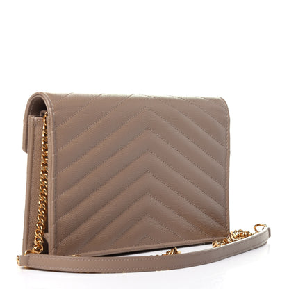 Saint Laurent Grain De Poudre Matelasse Chevron Monogram Envelope Chain Wallet Dark Beige 3 of 12