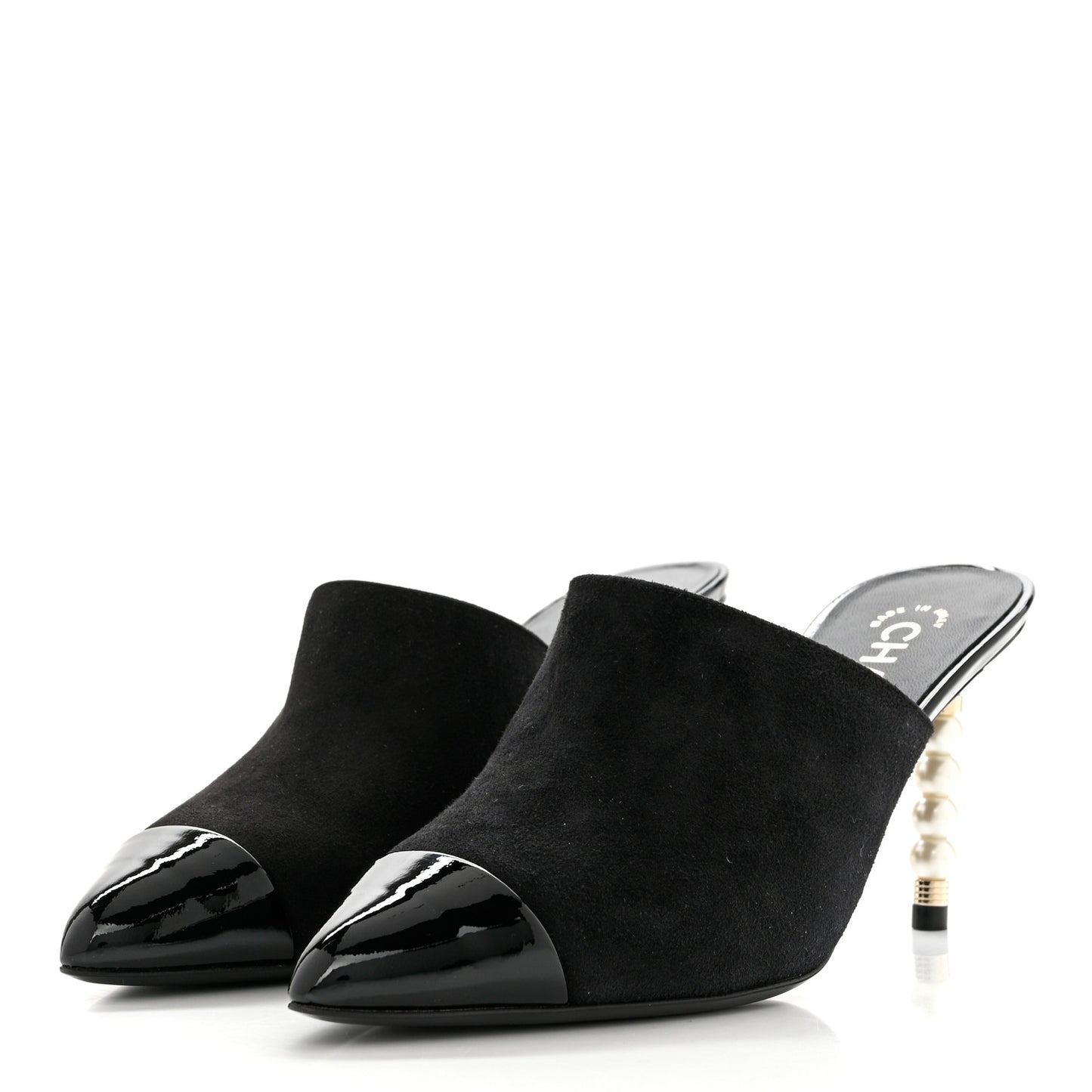 Suede Patent Calfskin Cap Toe Pearl Mule 36 Black