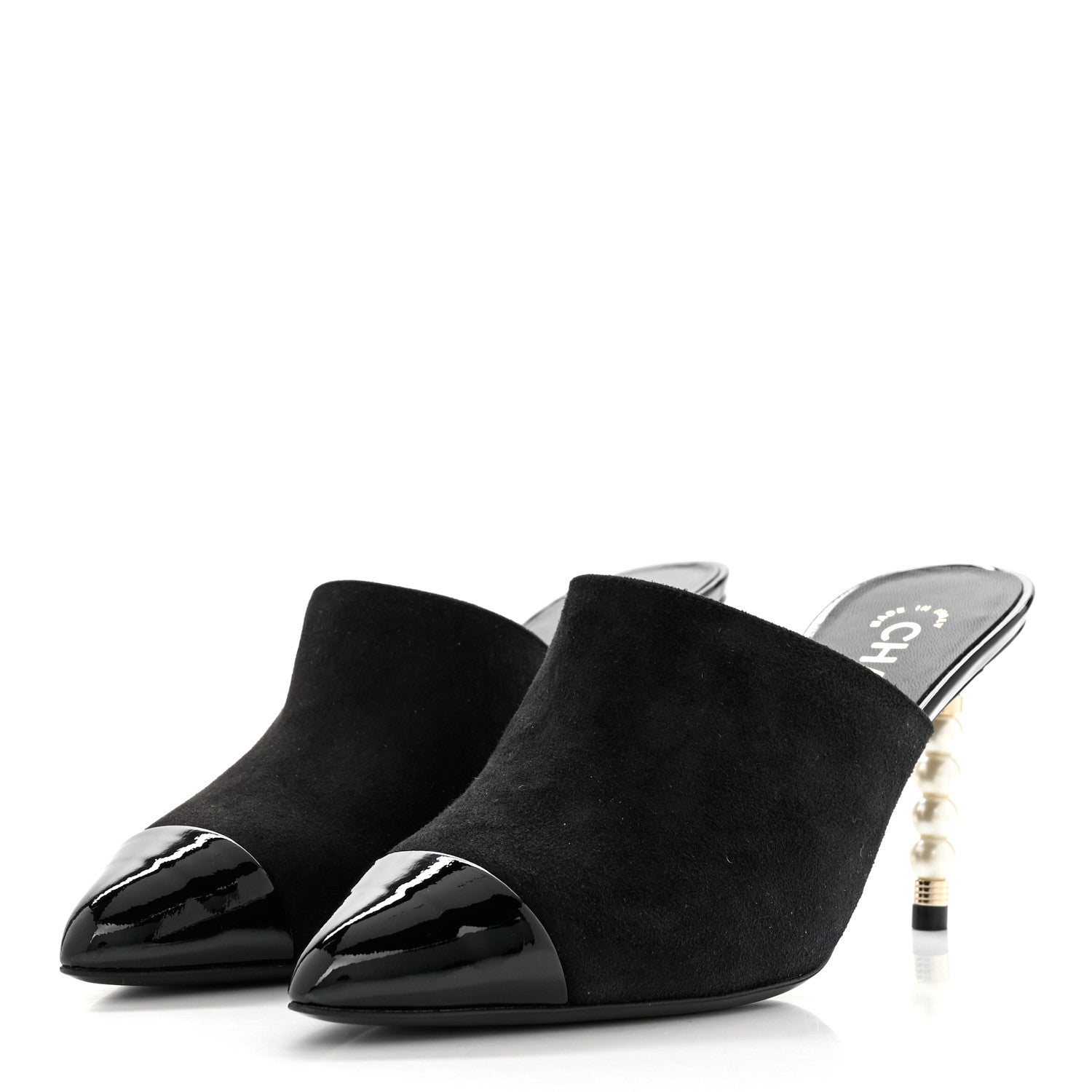 Chanel Suede Patent Calfskin Cap Toe Pearl Mule 36 Black 3 of 10
