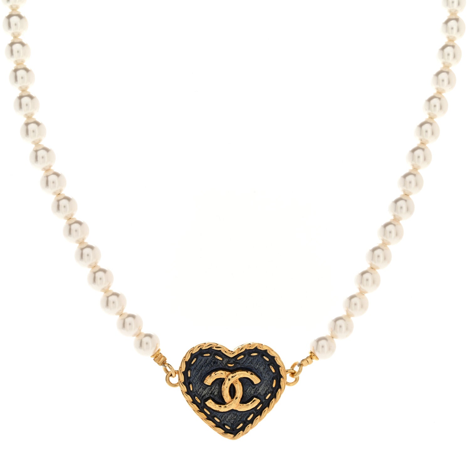 Chanel Metal Denim CC Heart Choker Gold Blue Pearly White 1 of 5