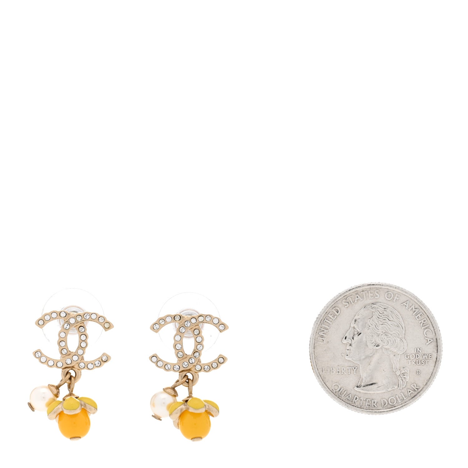 Chanel Metal Crystal Bead Pearl CC Drop Earrings Gold White Yellow 2 of 5