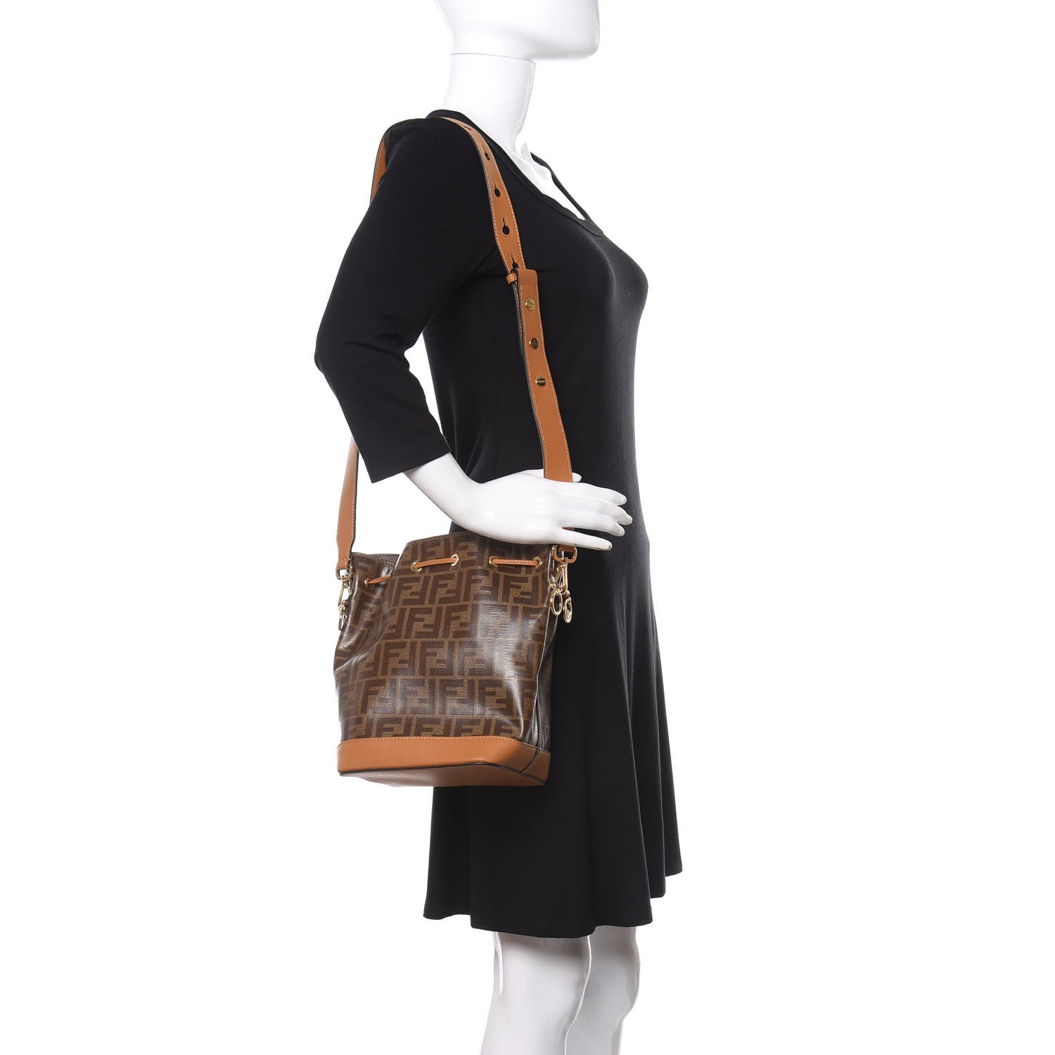 Fendi Glazed Fabric Vitello Grace F is Fendi FF 1974 Stamp Patch Grande Mon Tresor Bucket Bag Mogano Panna Nocciola 2 of 10