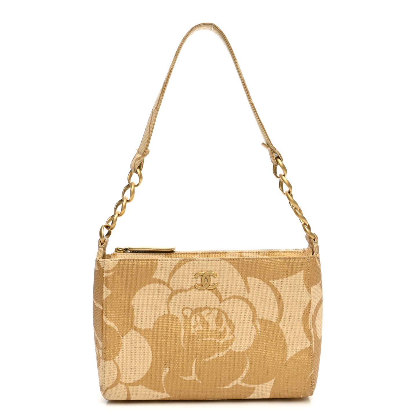 Woven Straw Camellia Print Shoulder Bag Gold