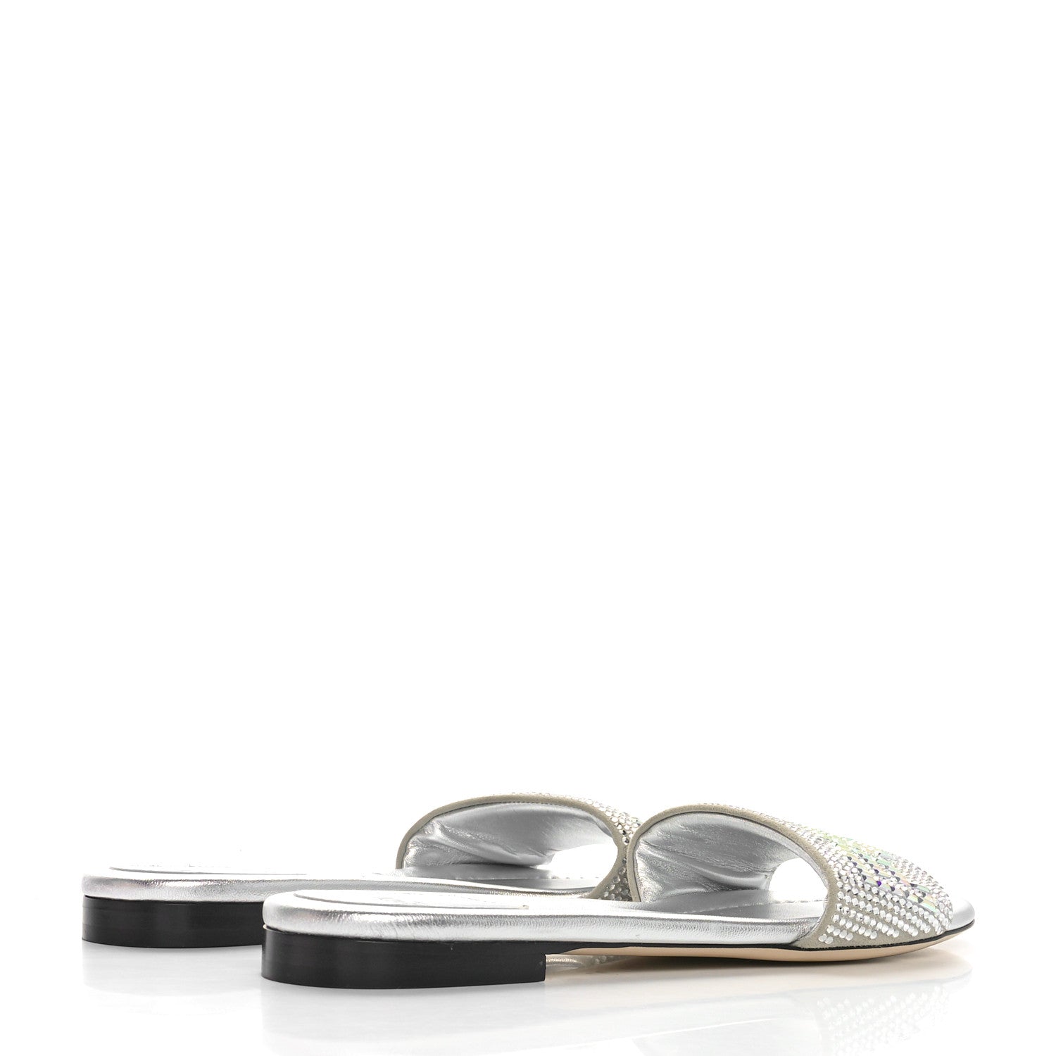 Fendi Laminated Goatskin Baguette Crystal Embroidered Signature Flat Slide Sandals 39 Silver 4 of 6