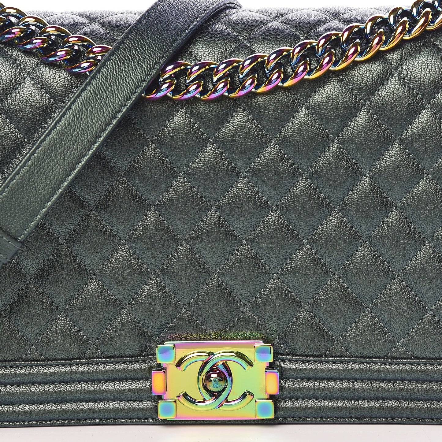 Iridescent Goatskin Quilted New Medium Boy Flap Green