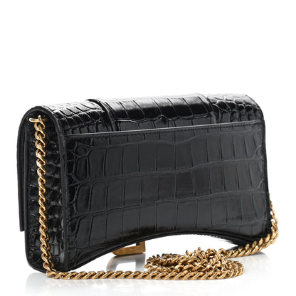 Balenciaga Shiny Calfskin Crocodile Embossed Hourglass Chain Bag Black 3 of 8