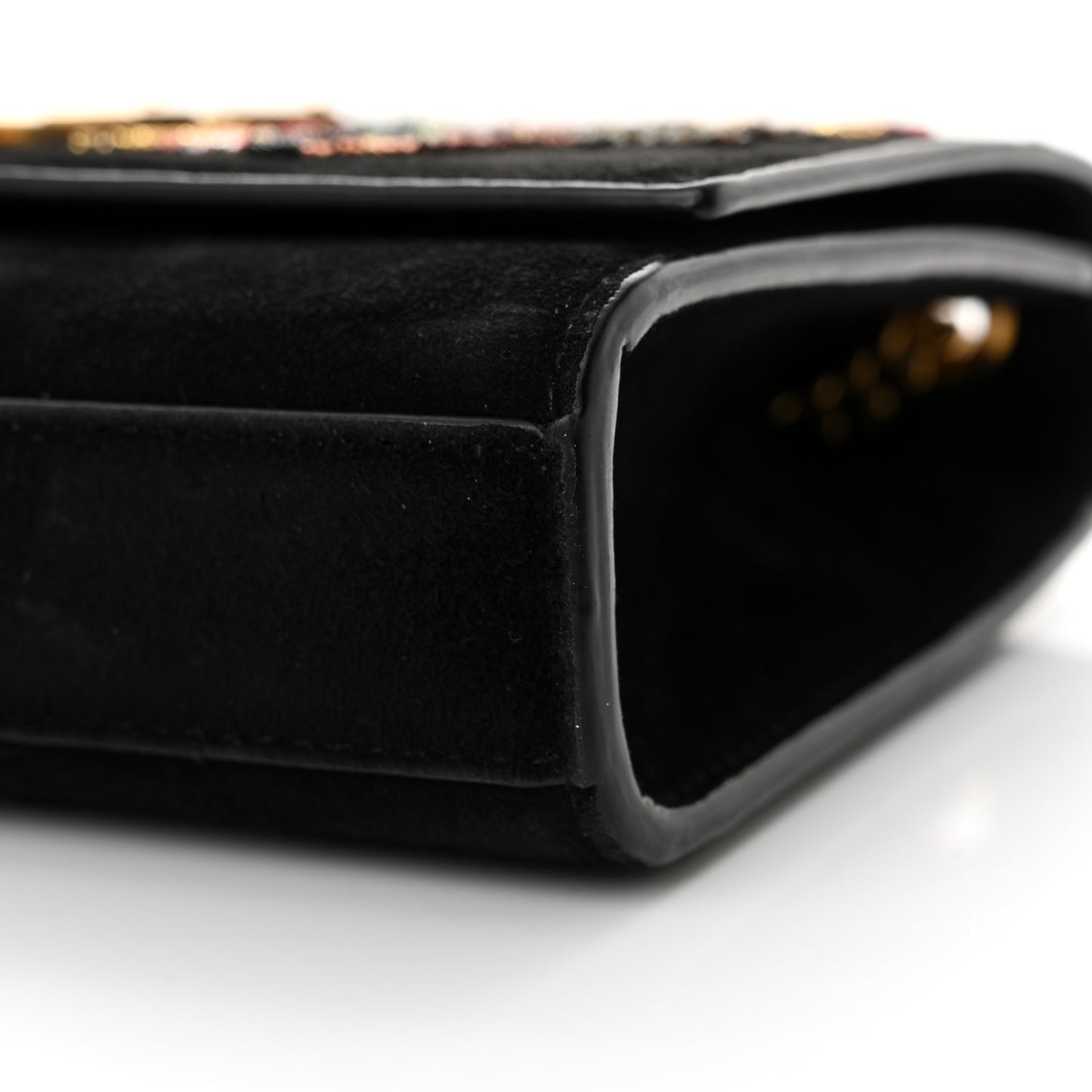 Suede Embroidered Birds Monogram Chain Wallet Black