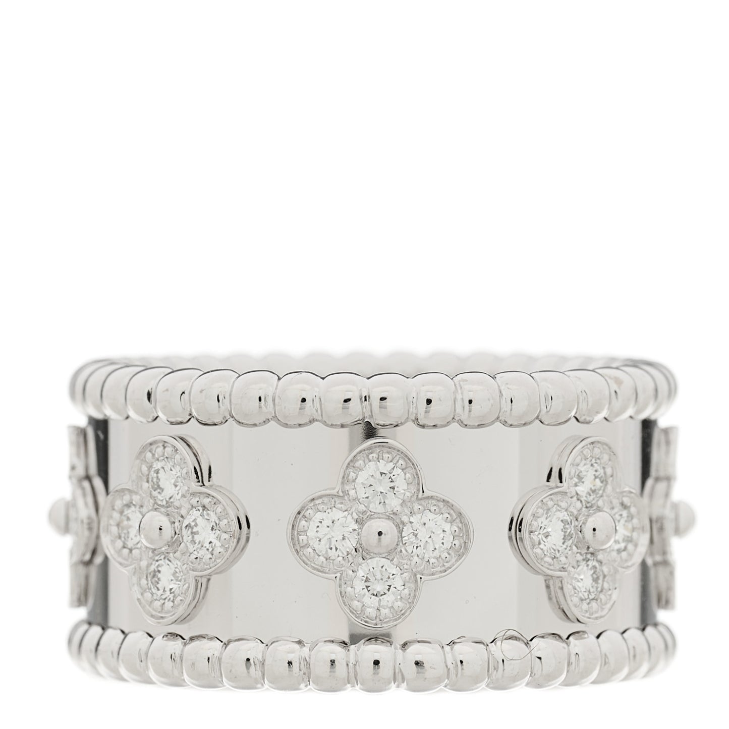 18K White Gold Diamond Medium Perlee Clover Band Ring 52 6