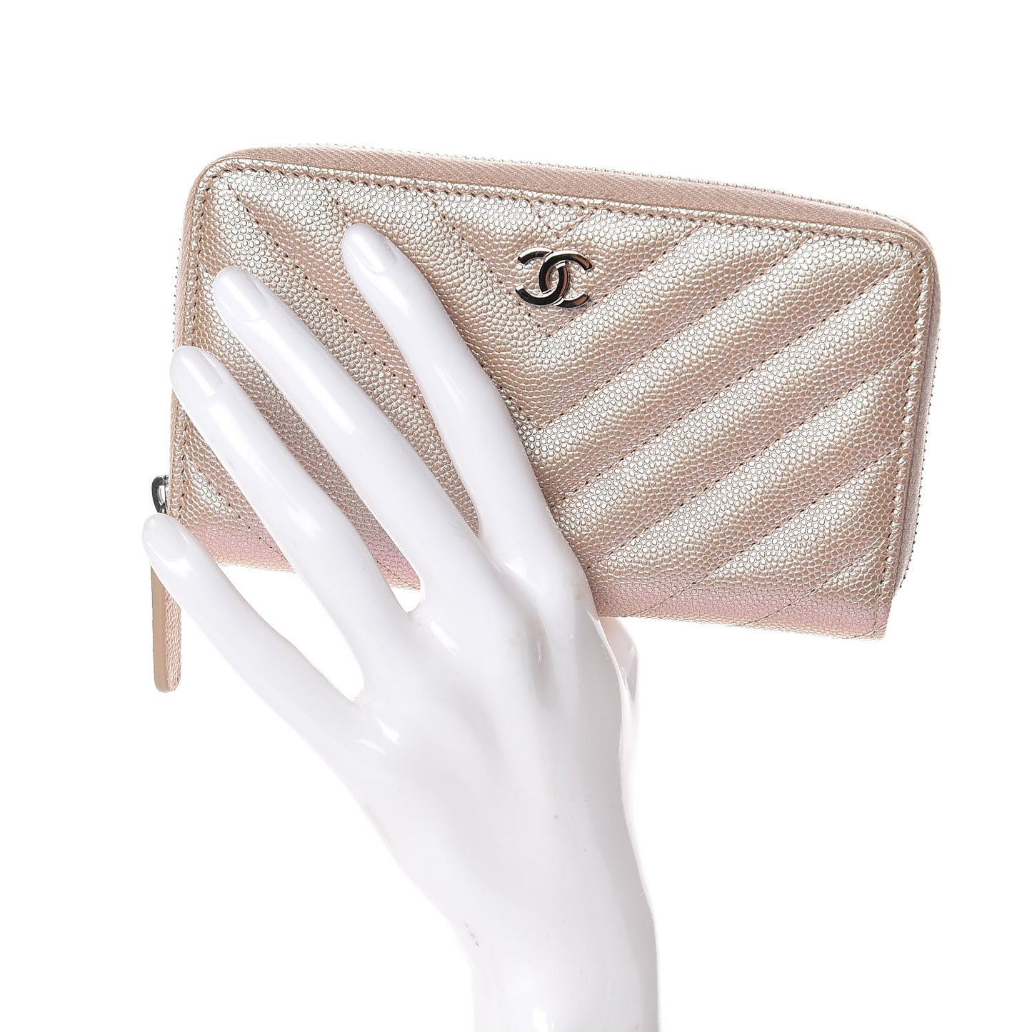 Metallic Caviar Chevron Quilted Small Zip Around Wallet Light Gold