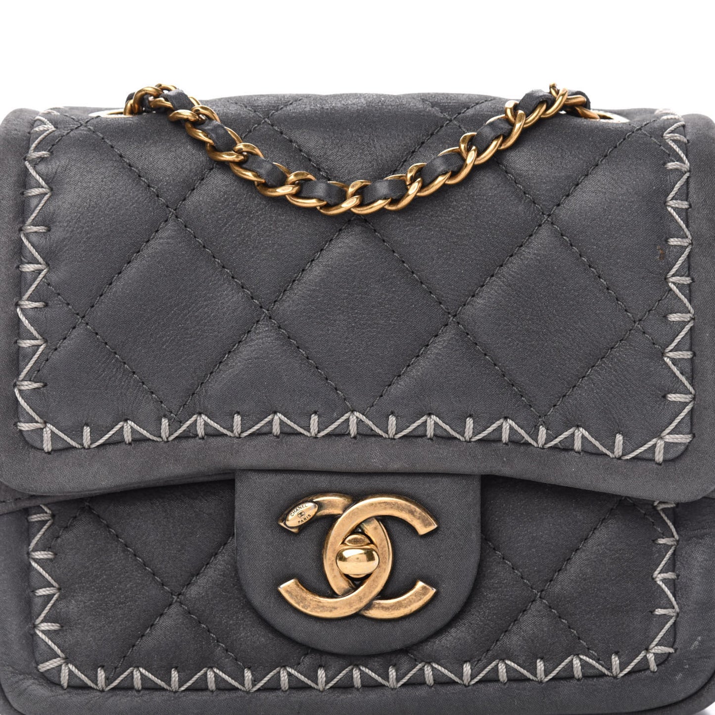 Iridescent Calfskin Stitch Mini Square Flap Grey