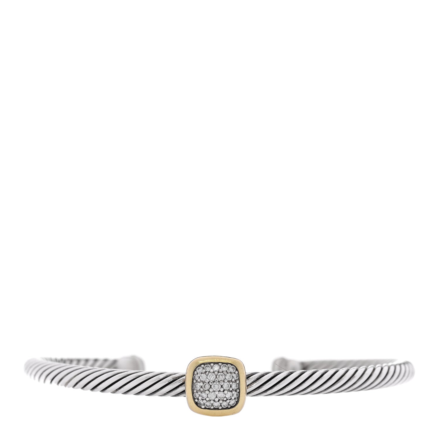 David Yurman Sterling Silver 18K Yellow Gold Diamond 4mm Square Station Cable Cuff Bracelet 1 of 4