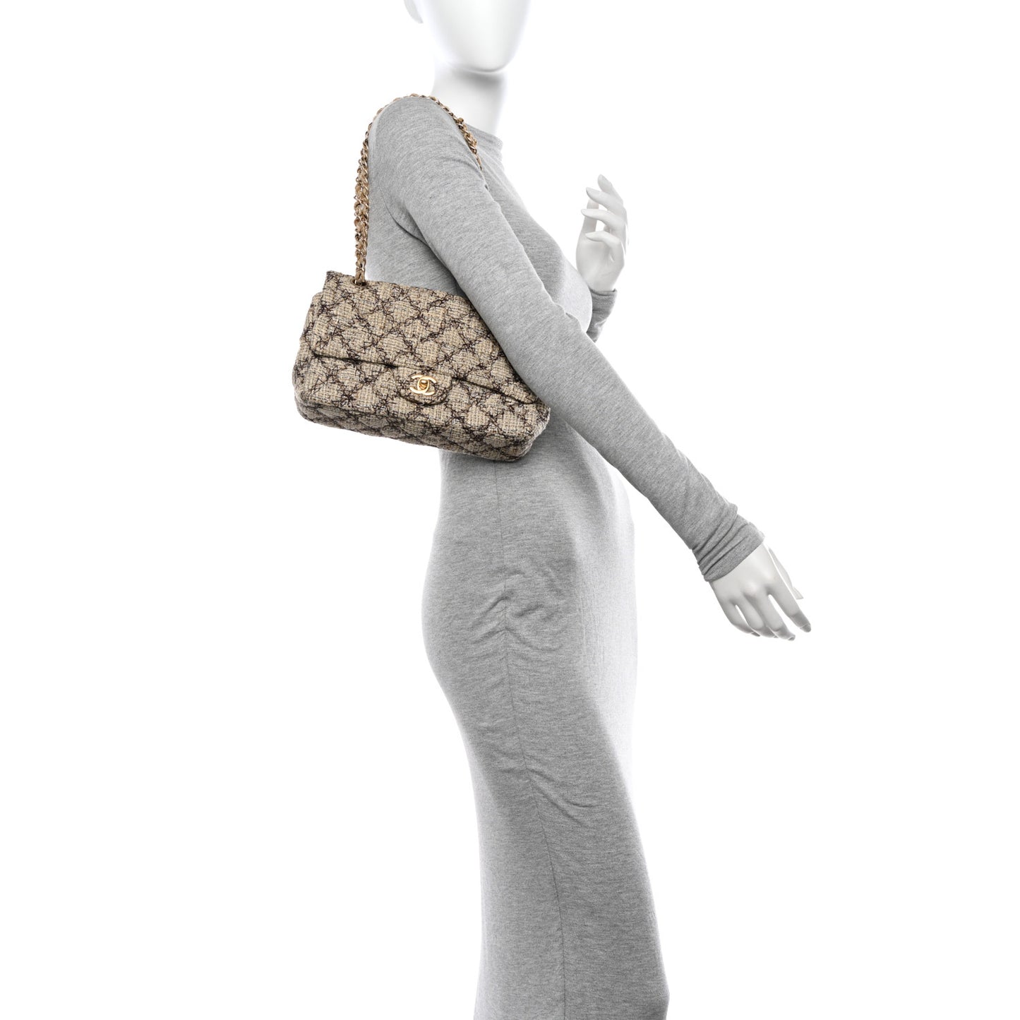 Metallic Tweed Quilted Medium Single Flap Beige Multicolor