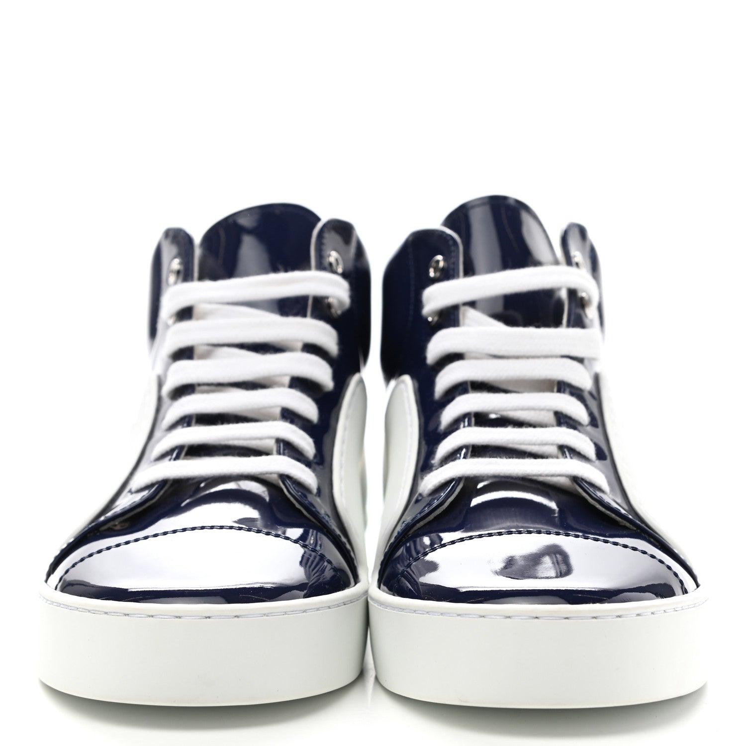 Chanel Patent Calfskin High Top CC Sneakers 38 Navy White 2 of 9