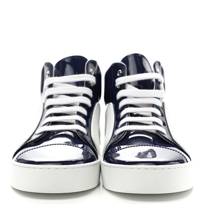 Chanel Patent Calfskin High Top CC Sneakers 38 Navy White 2 of 9
