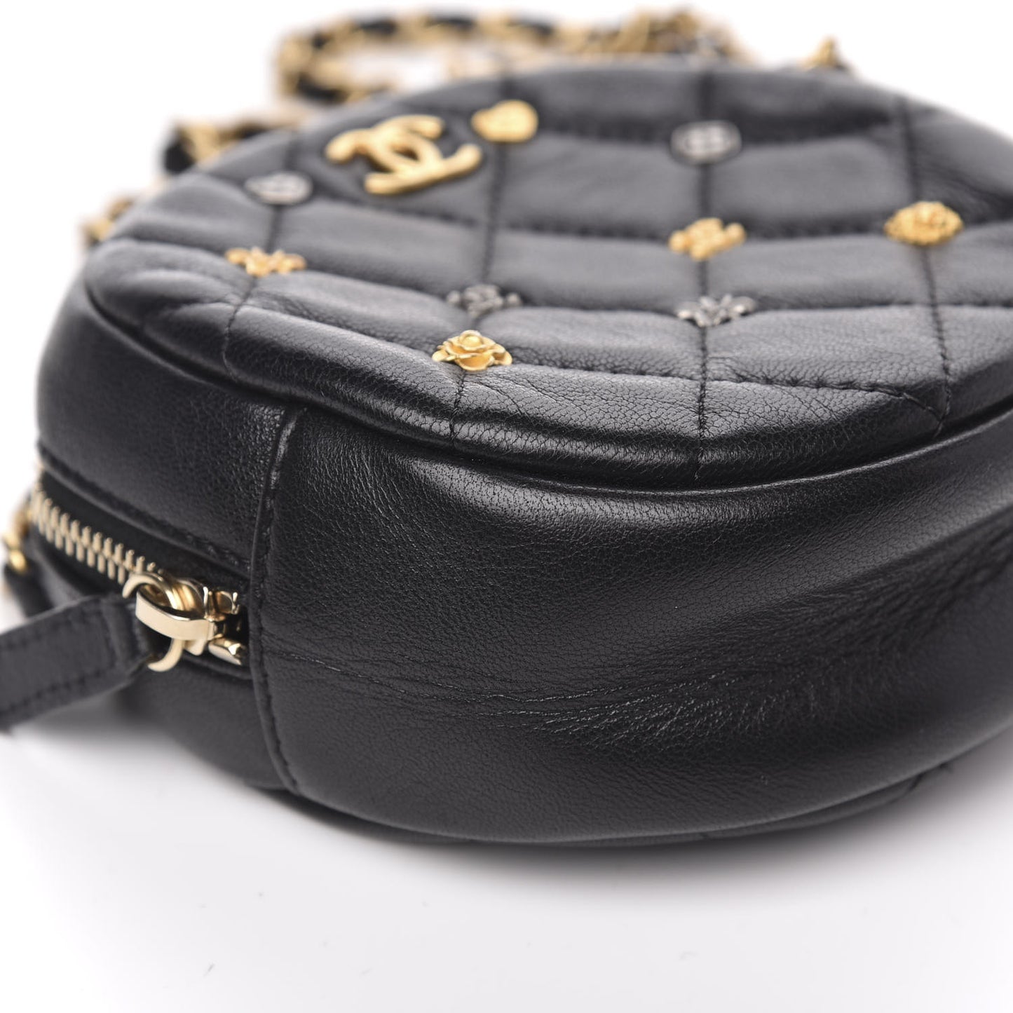 Lambskin Quilted Studded Round Clutch With Chain Black