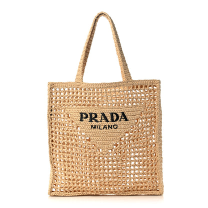 Prada Yarn Raffia Effect Crochet Logo Embroidered Tote Bag Naturale 1 of 10