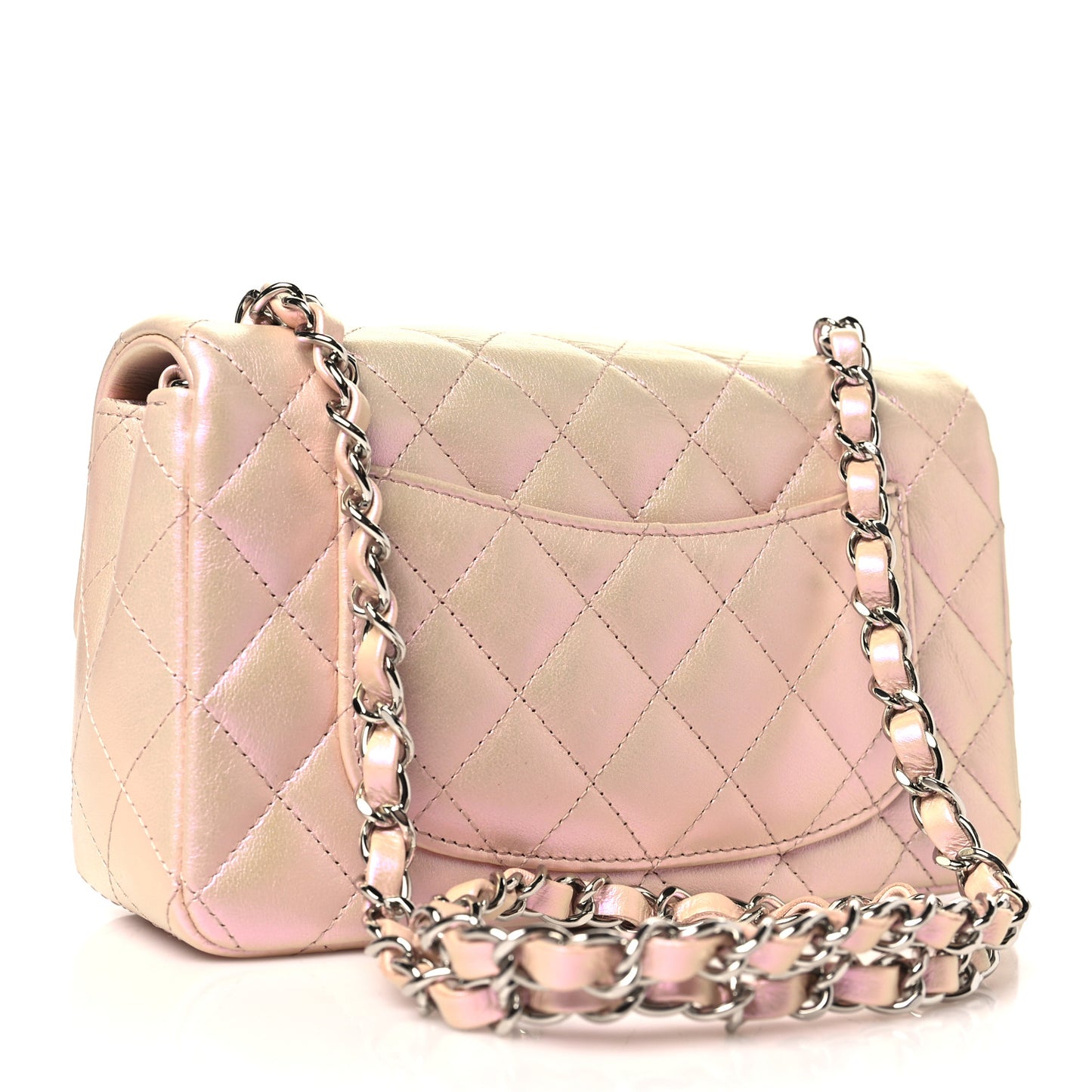 Iridescent Calfskin Quilted Mini Rectangular Flap Pink