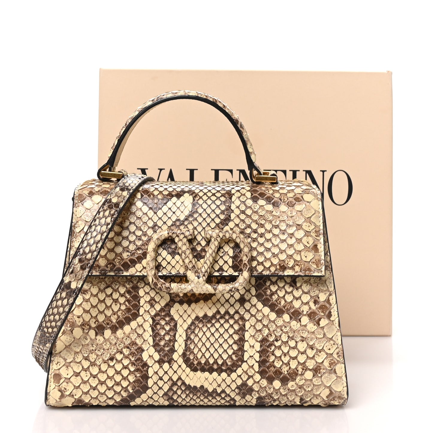 Snakeskin Small VSling Top Handle Bag Beige