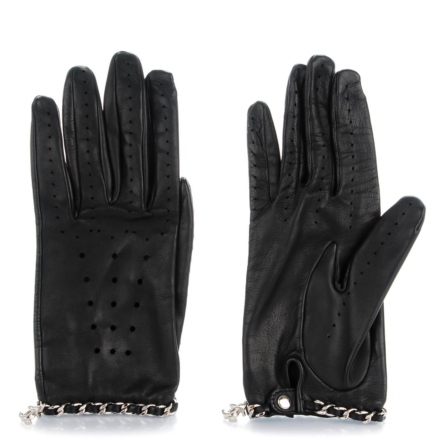 Chanel Lambskin Perforated Chain CC Gloves 8 Black 1 of 4