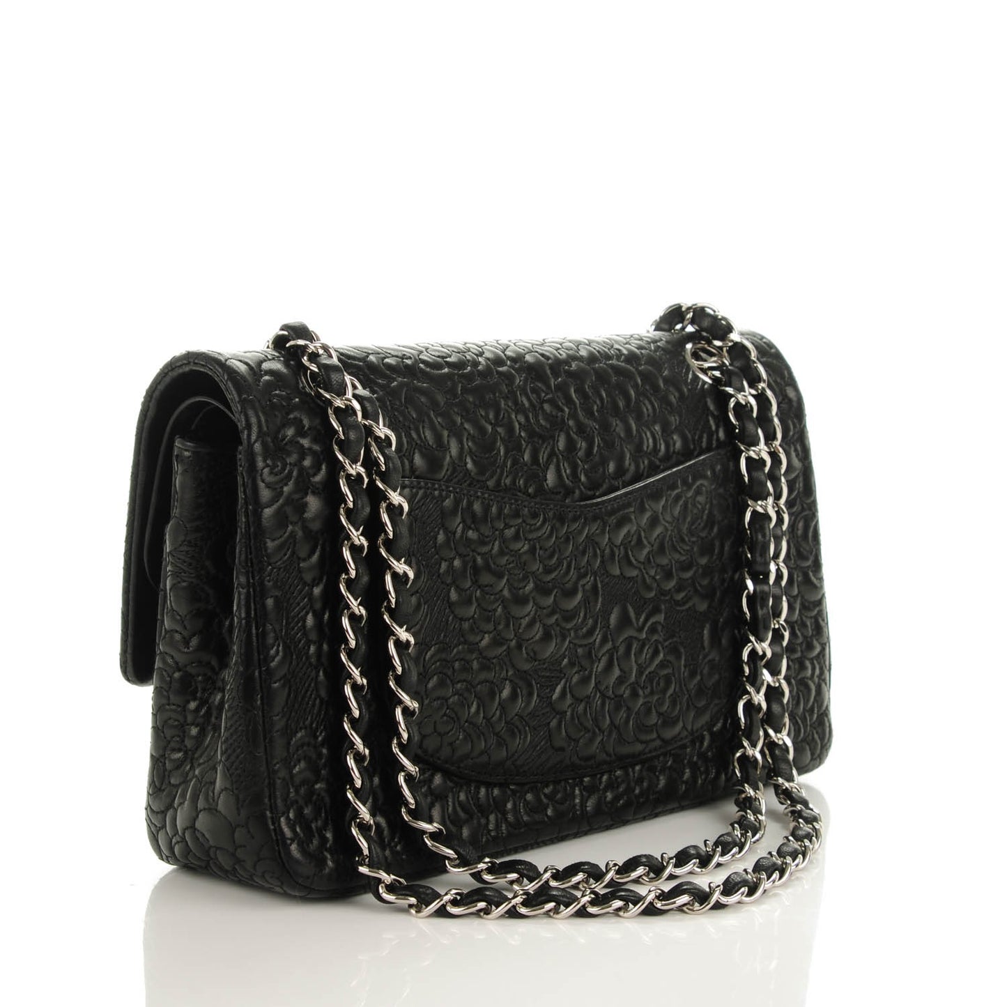 Lambskin Camellia Stitched Medium Double Flap Black