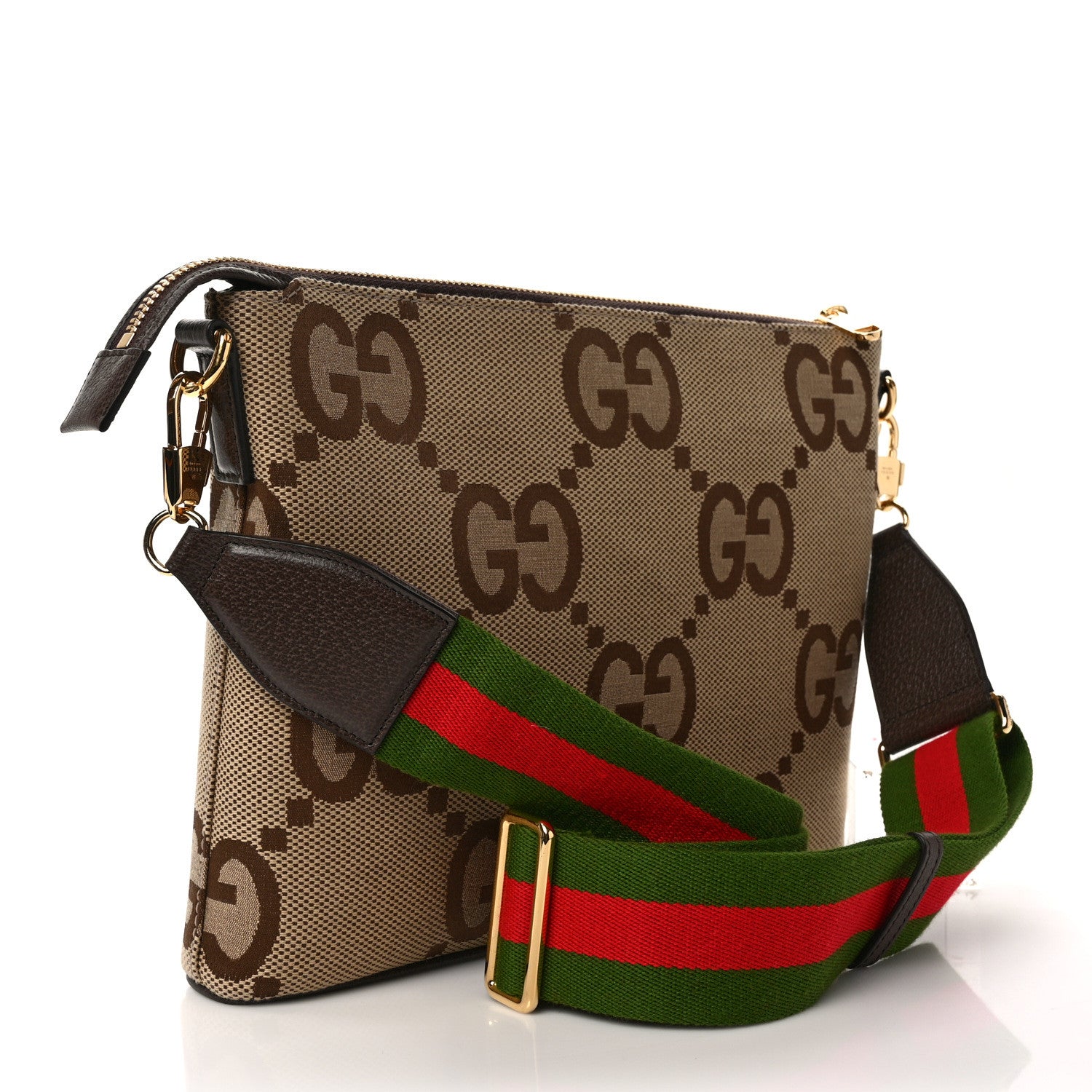 Gucci Monogram Jumbo GG Textured Dollar Calfskin Web Wristlet Messenger Bag Camel Ebony New Acero 3 of 8