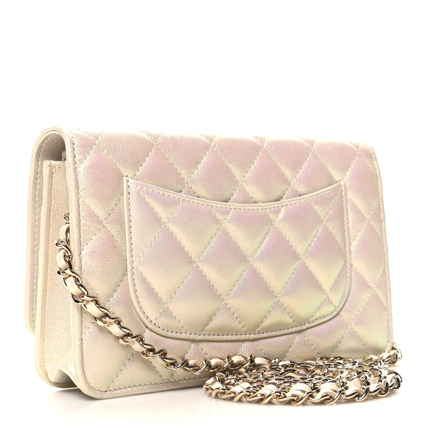 Iridescent Lambskin Quilted Wallet On Chain WOC Ivory