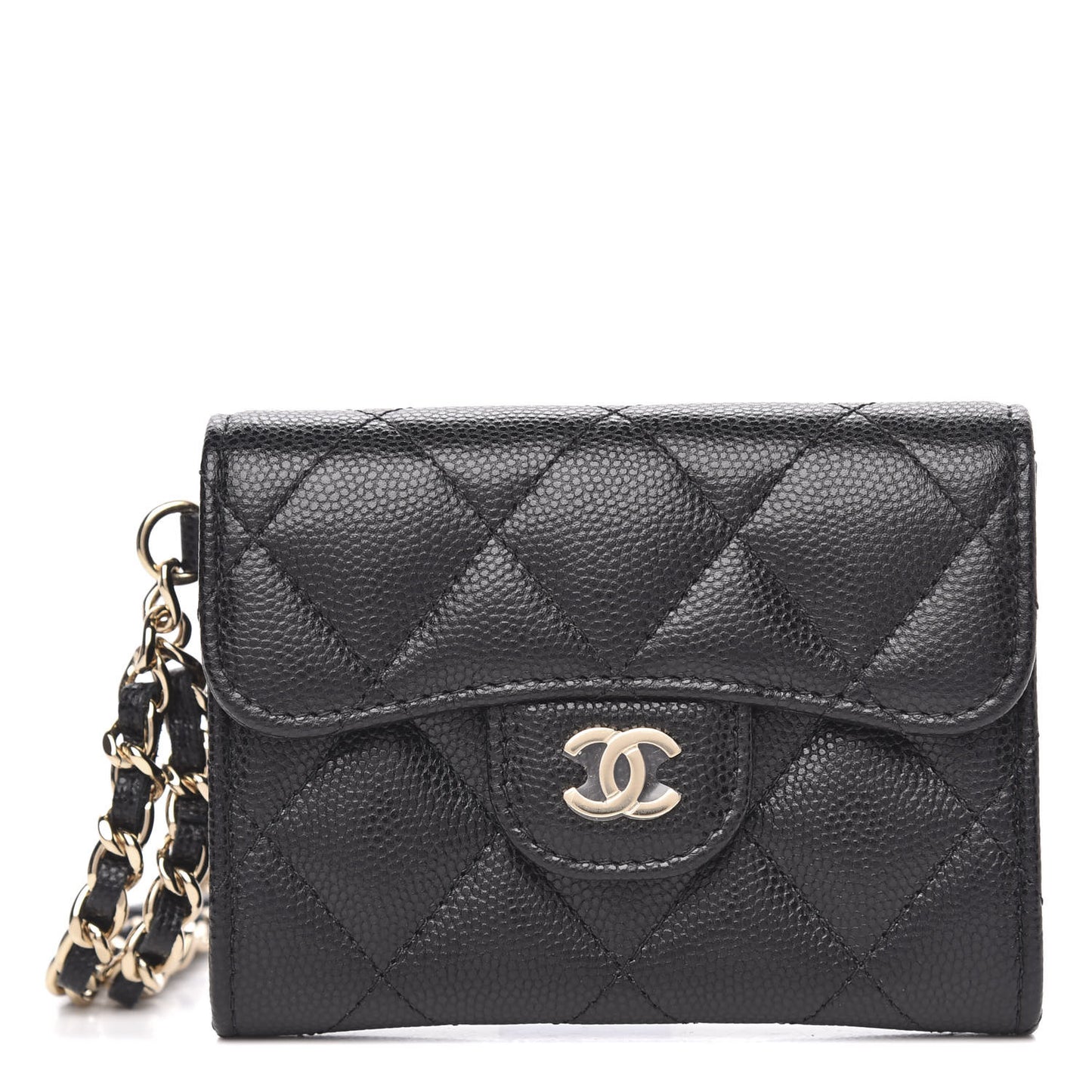 Caviar Quilted Flap Card Holder Chain Wristlet Black