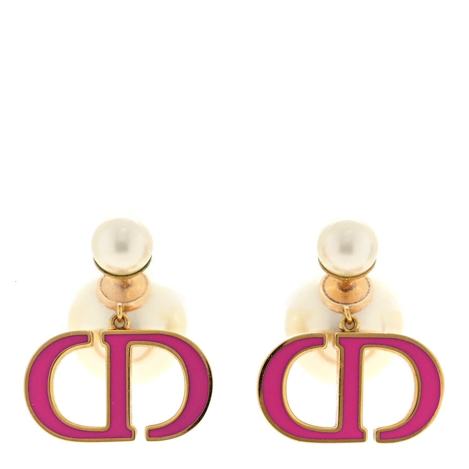 Christian Dior Pearl Enamel Tribal CD Drop Earrings Gold White Pink 1 of 4