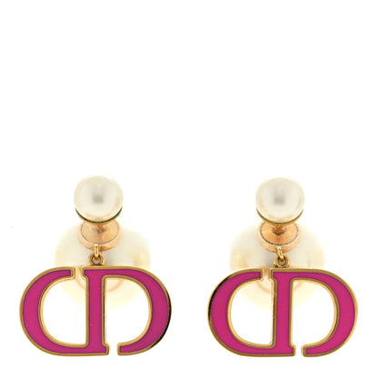 Christian Dior Pearl Enamel Tribal CD Drop Earrings Gold White Pink 1 of 4
