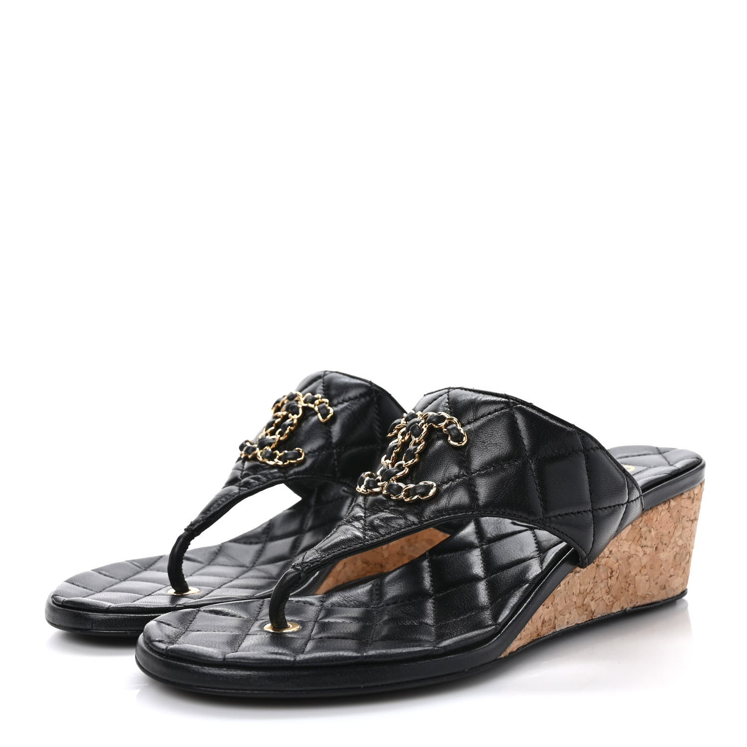 Chanel Goatskin Cork CC Wedge Sandals 36 Black 3 of 9