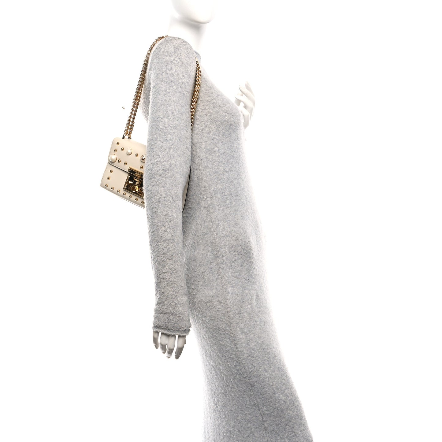 Calfskin Studded Small Padlock Shoulder Bag White
