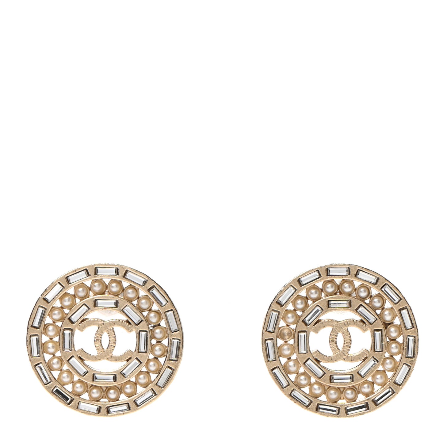 Pearl Crystal Baguette CC Round Earrings Gold