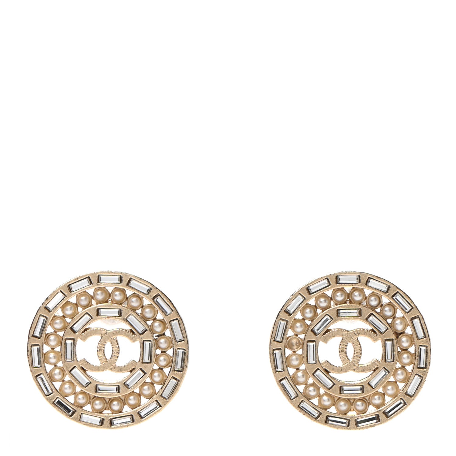 Chanel Pearl Crystal Baguette CC Round Earrings Gold 2 of 11