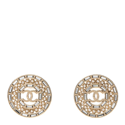 Chanel Pearl Crystal Baguette CC Round Earrings Gold 2 of 11
