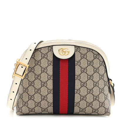 Gucci GG Supreme Monogram Textured Dollar Calfskin Web Small Ophidia Dome Shoulder Bag Beige Ebony Mystic White 1 of 12