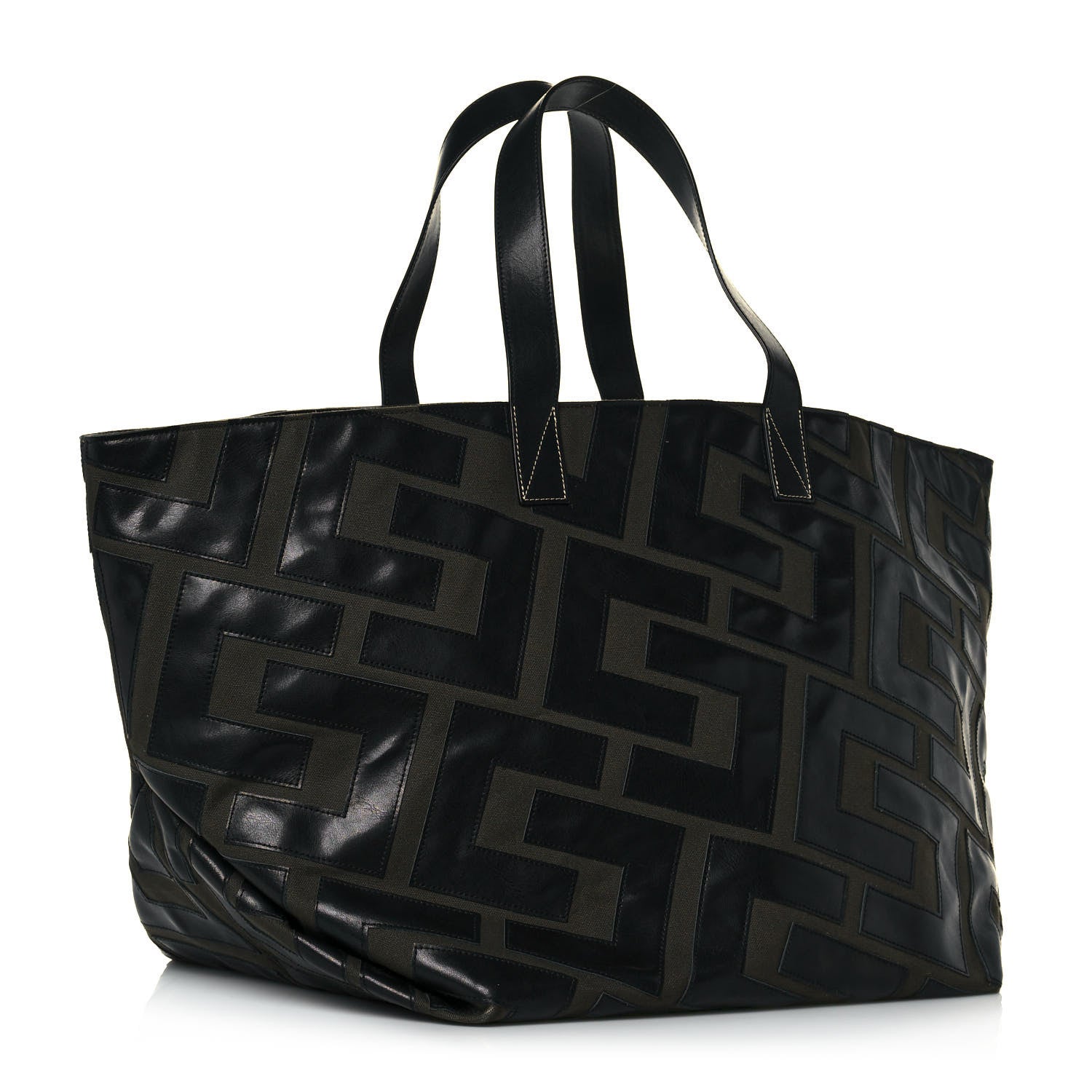 Celine Calfskin Logo Patchwork Cabas Dark Green Black 4 of 15