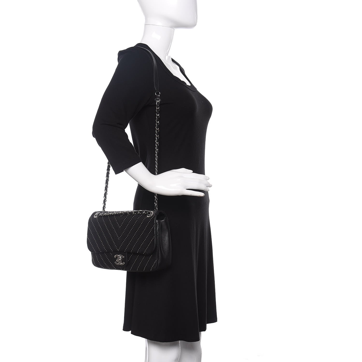 Chanel Calfskin Studded Chevron Quilted Medium Stud Wars Flap Black 2 of 10