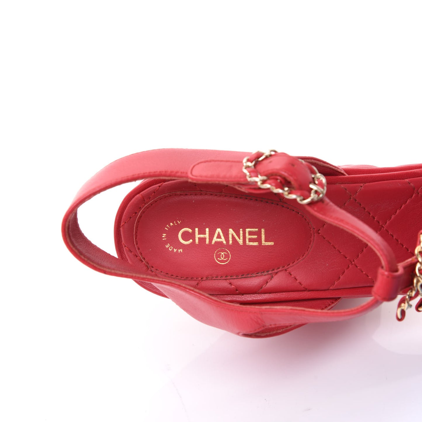 Lambskin Quilted Chain CC Wedge Sandals 40 Red