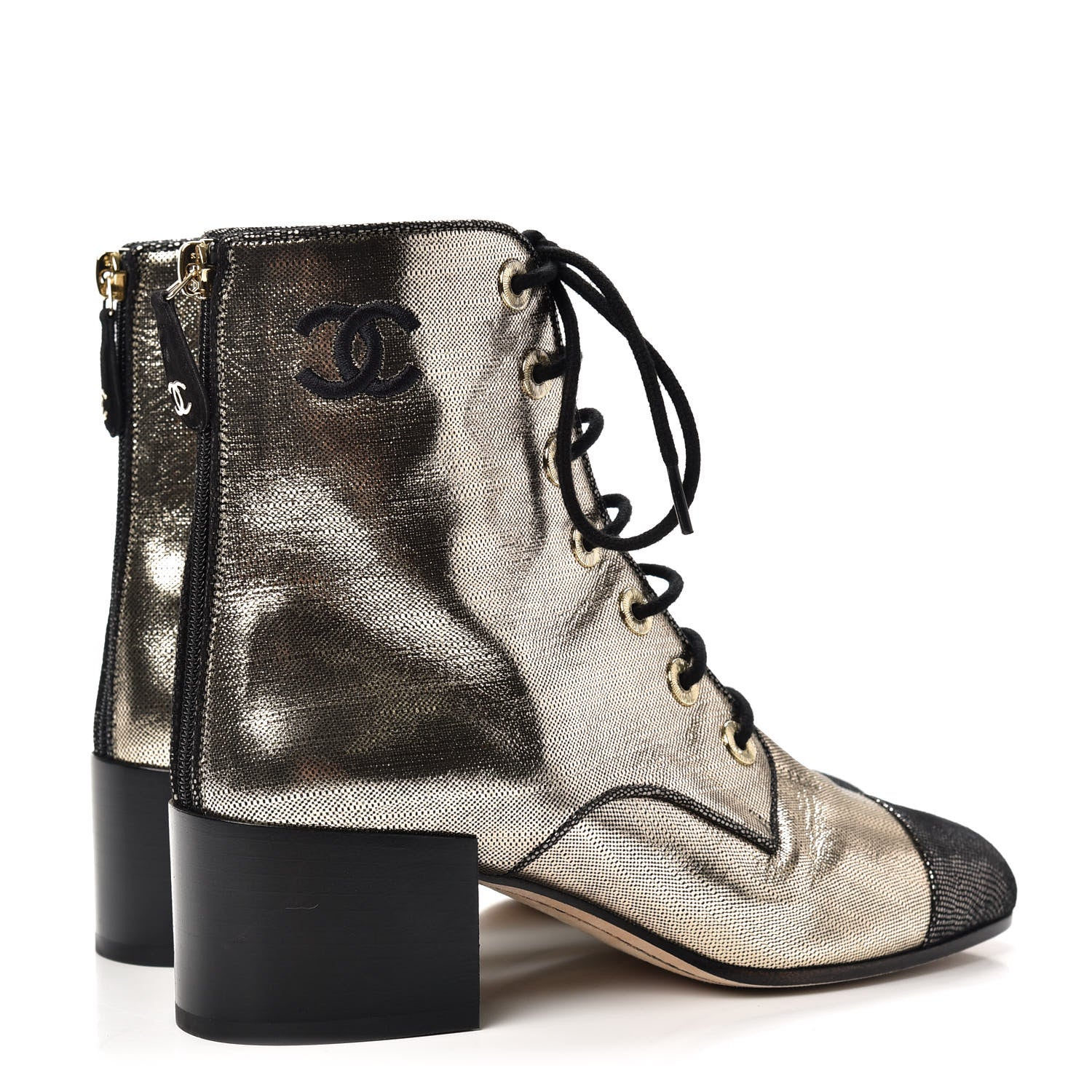 Chanel Laminated Calfskin CC Lace Up Short Boots 35.5 Gold Silver 4 of 10