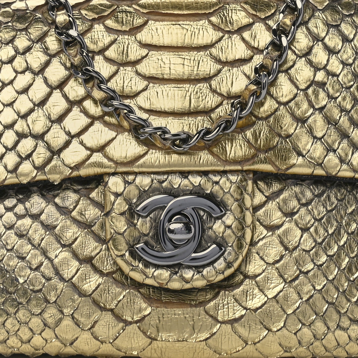 Metallic Snakeskin Flap Bag Gold