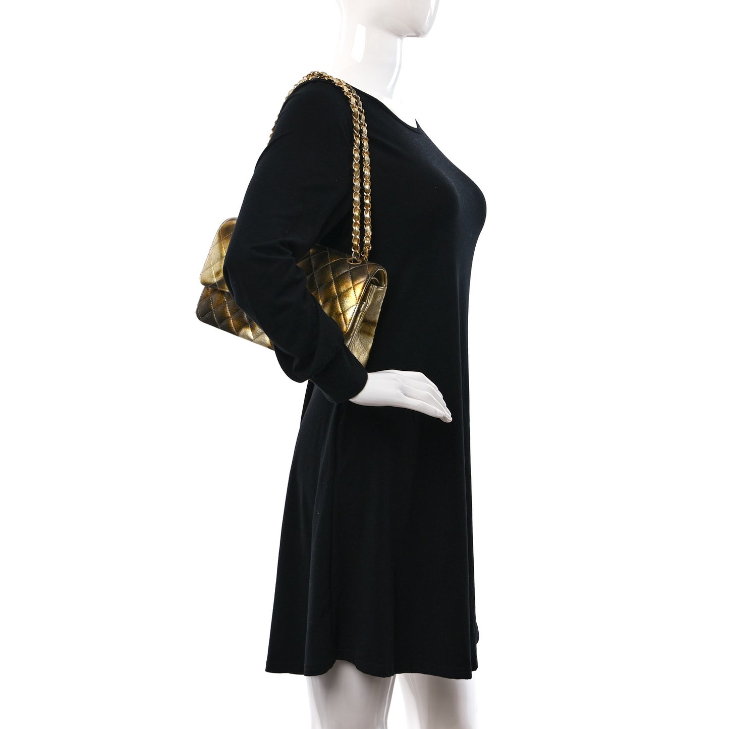 Metallic Goatskin Quilted Medium Double Flap Gold Black
