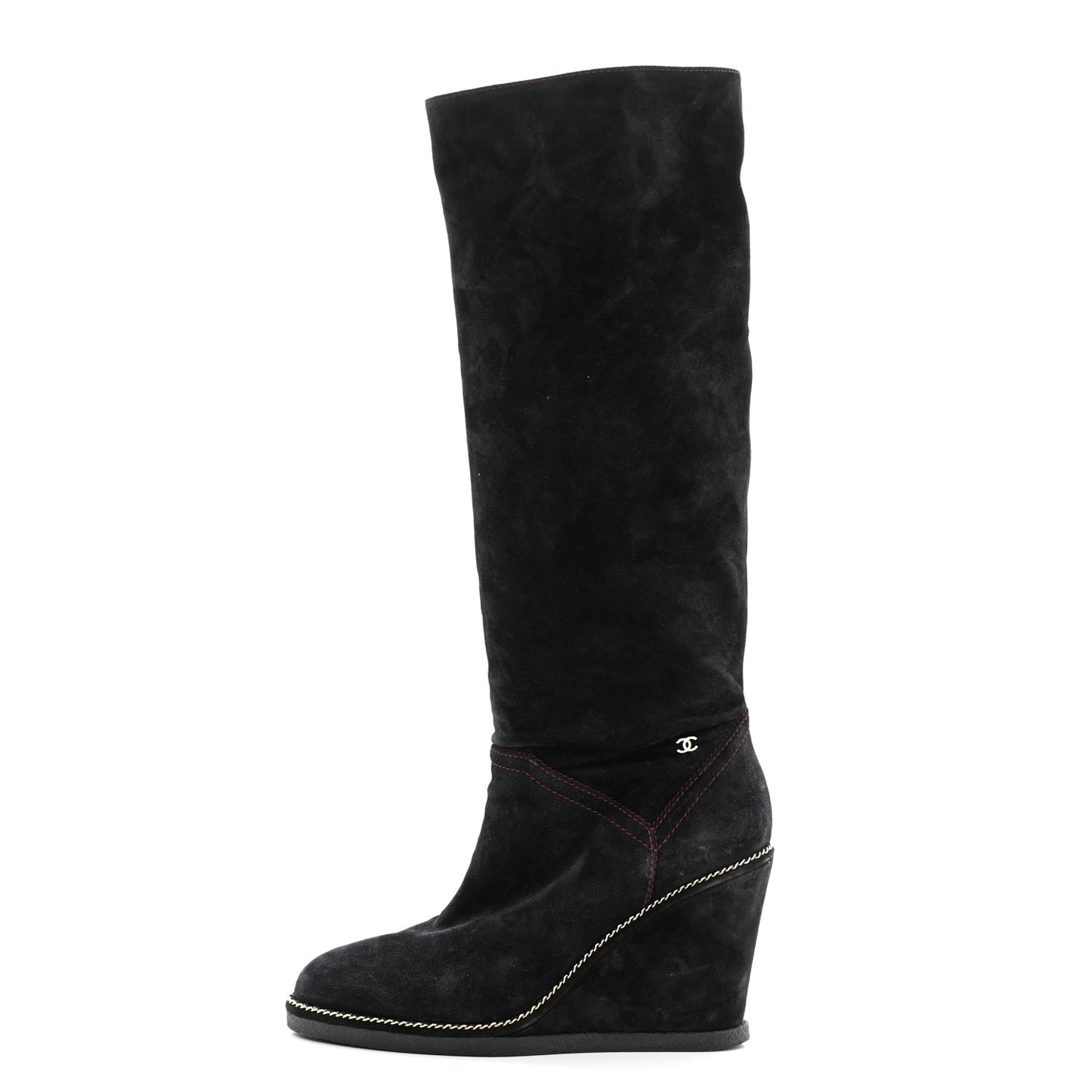 Suede Calfskin Chain Around High Boots 41 Black