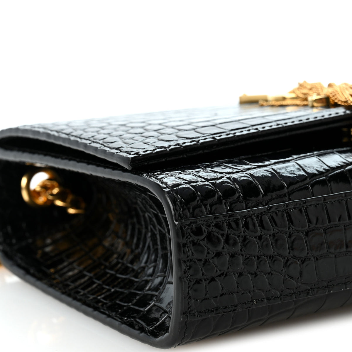 Calfskin Crocodile Embossed Small Classic Monogram Kate Tassel Satchel Black