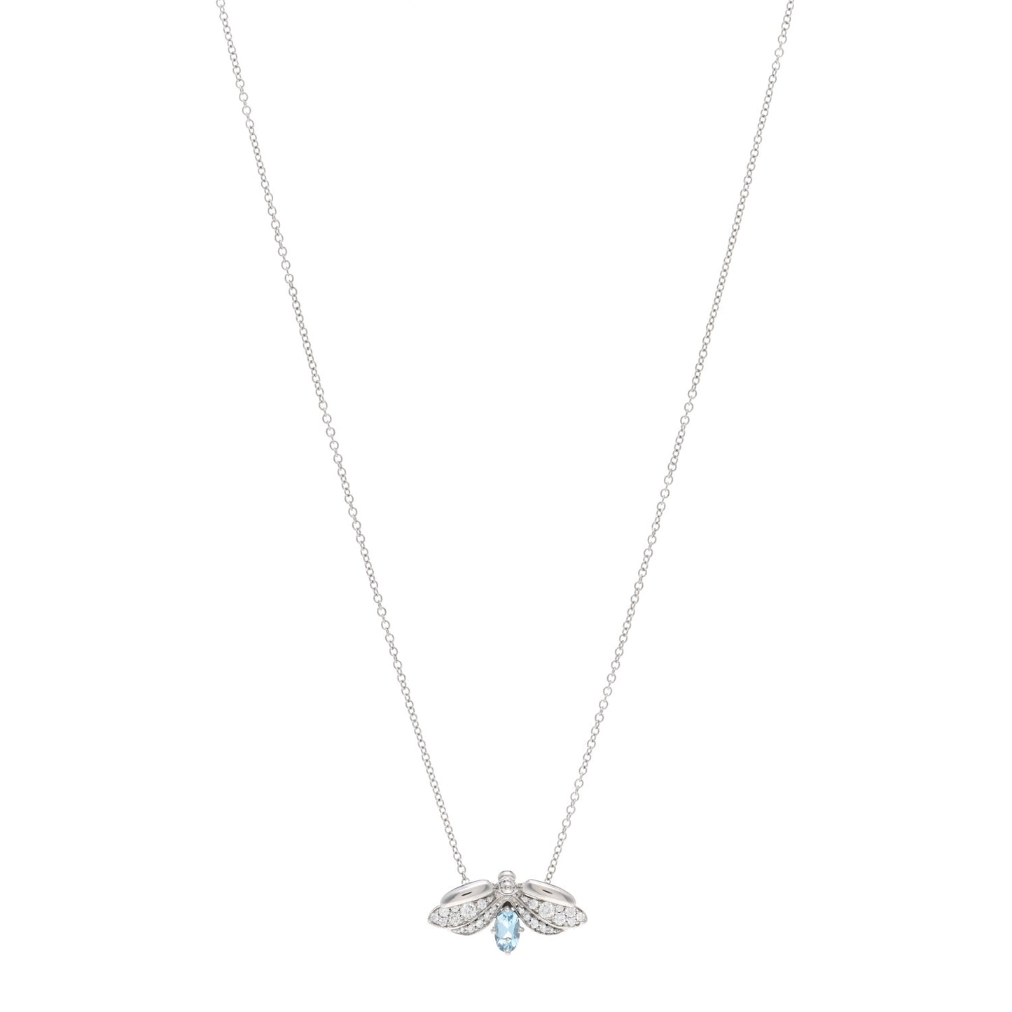 Platinum Diamond Aquamarine Paper Flowers Firefly Pendant Necklace